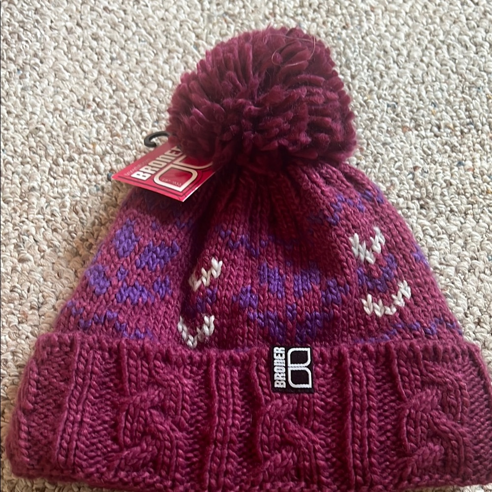 Broner Red and Purple Knitted Pom-Pom Hat